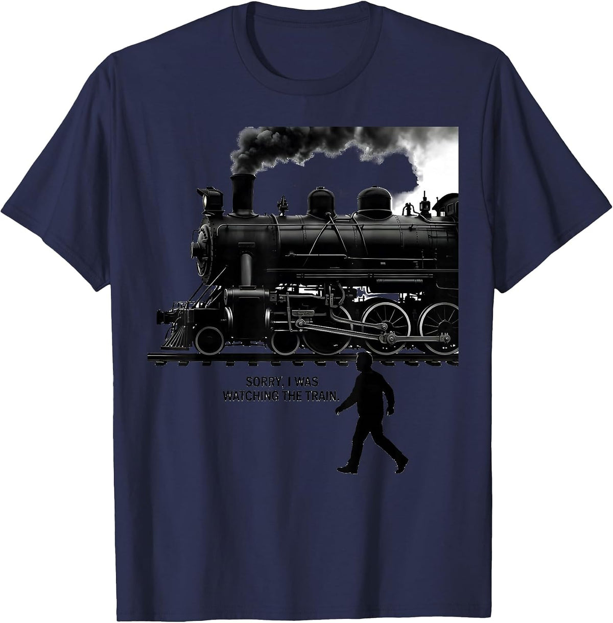 Sorry I Was Watching The Train Retro Steam Locomotive Train T-Shirt - Navy Blue