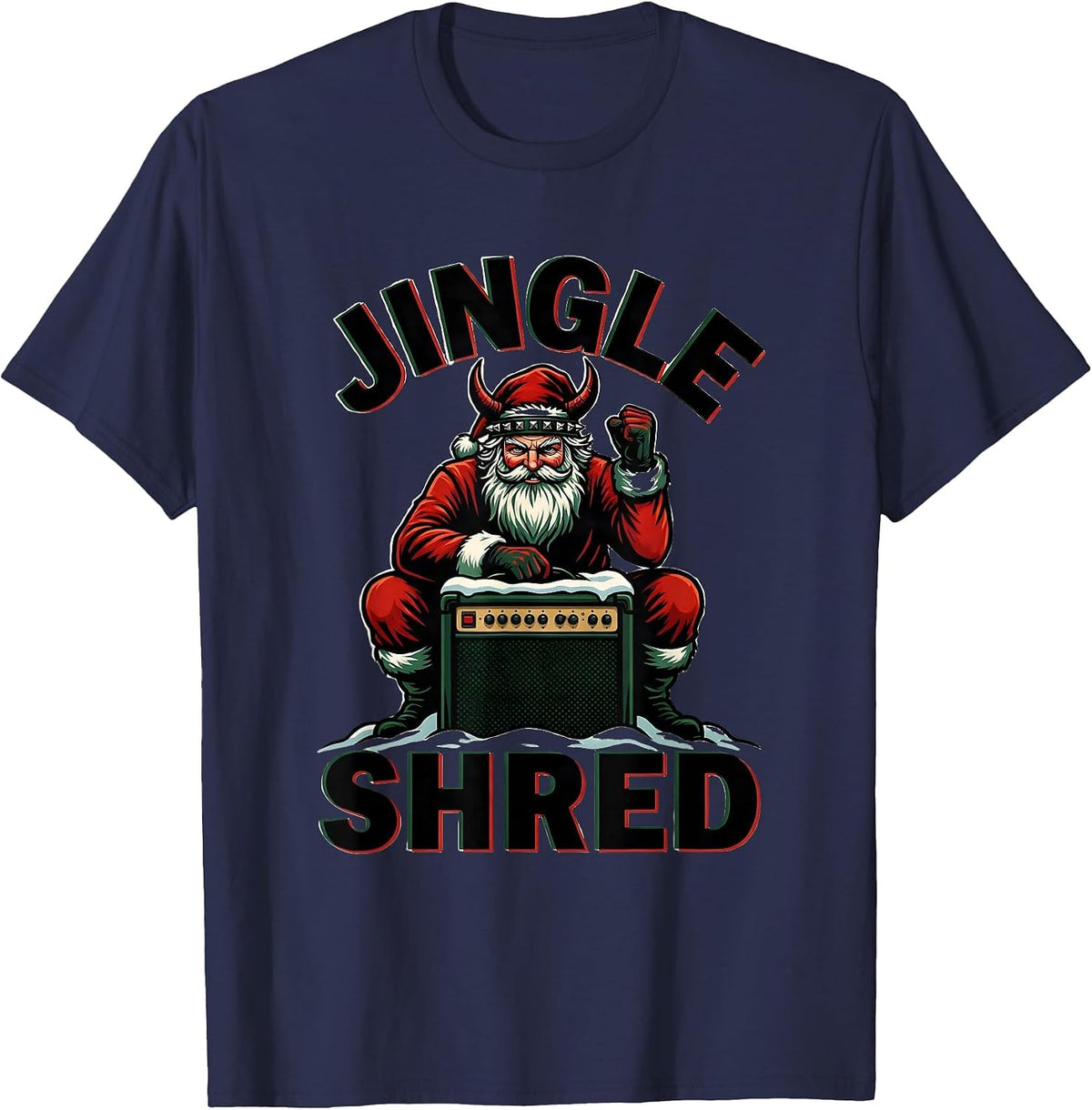 Jingle Shred Tattoo Heavy Metal Santa Claus Christmas Rock T-Shirt - Navy Blue