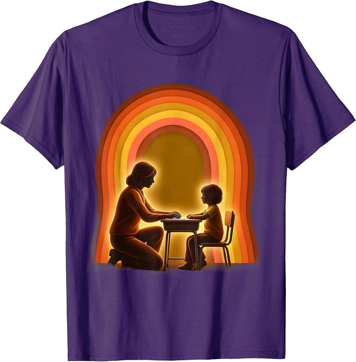 Men's Paraprofessional Aide Kneeling at Student Desk T-Shirt - Purple