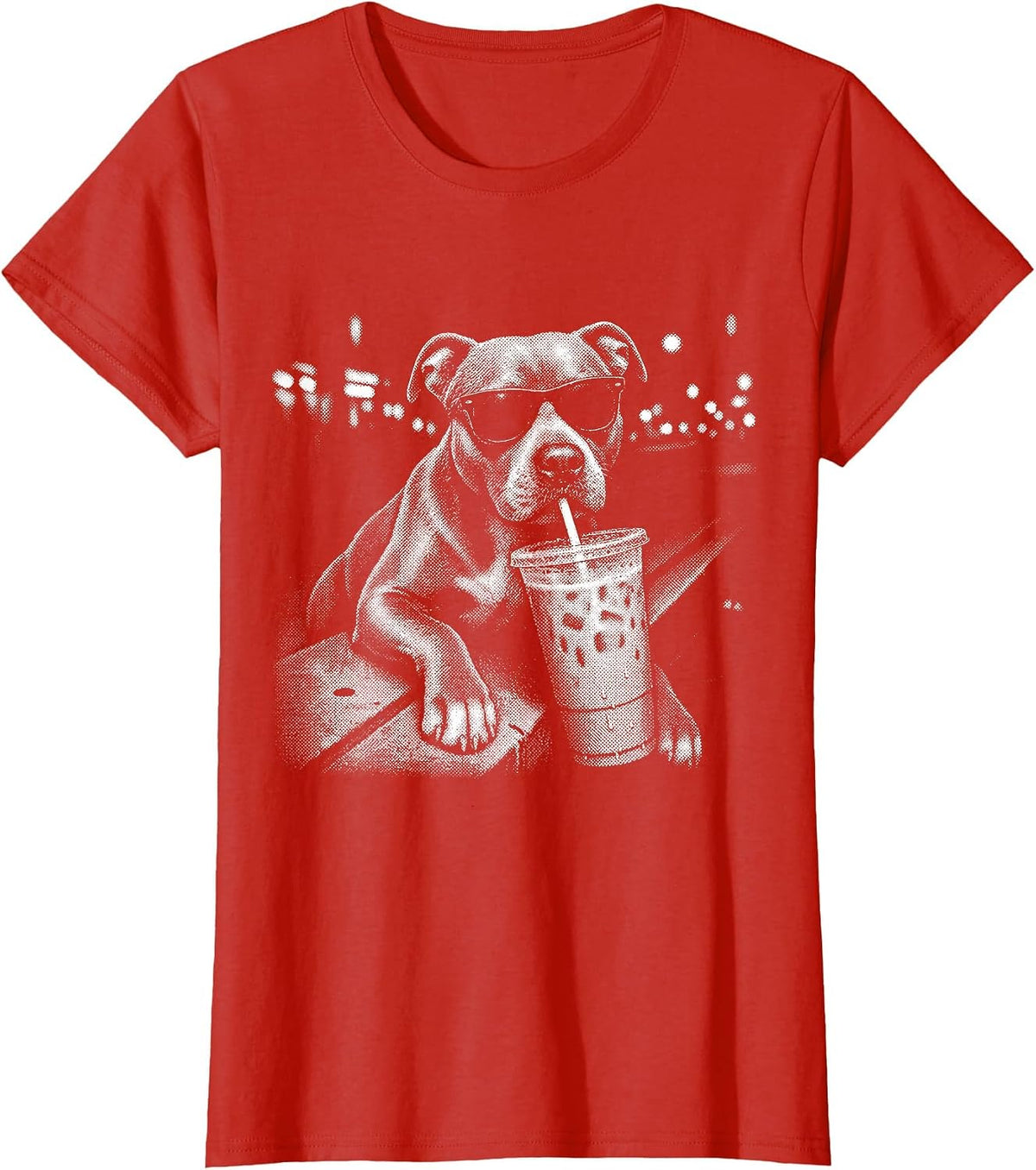 Funny Pitbull Drinking Iced Coffee Animal Meme Graphic T-Shirt - Red
