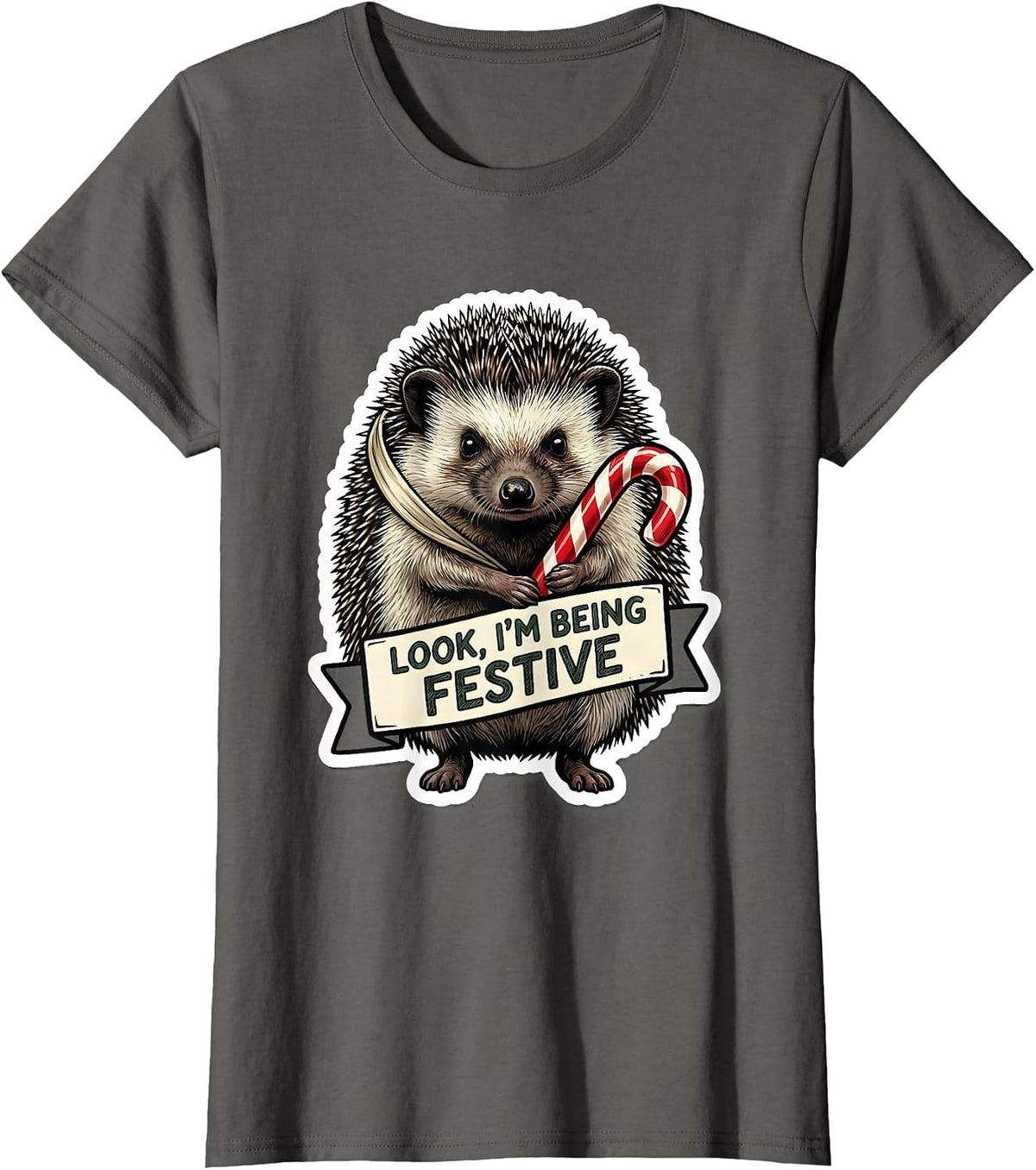 Women's Look, I'm Being Festive Grumpy Hedgehog Christmas Humor T-Shirt - Asphalt Grey