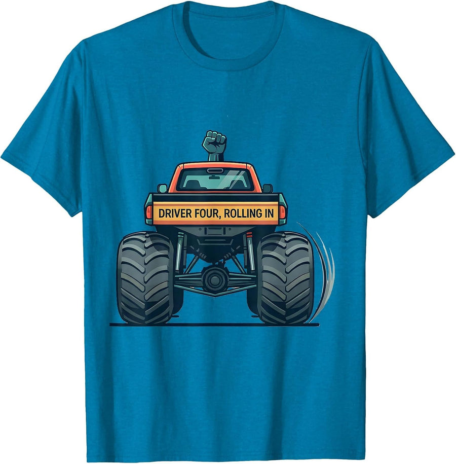 Driver Four Rolling In Birthday Monster Truck 3 Year Old T-Shirt - Sapphire Blue