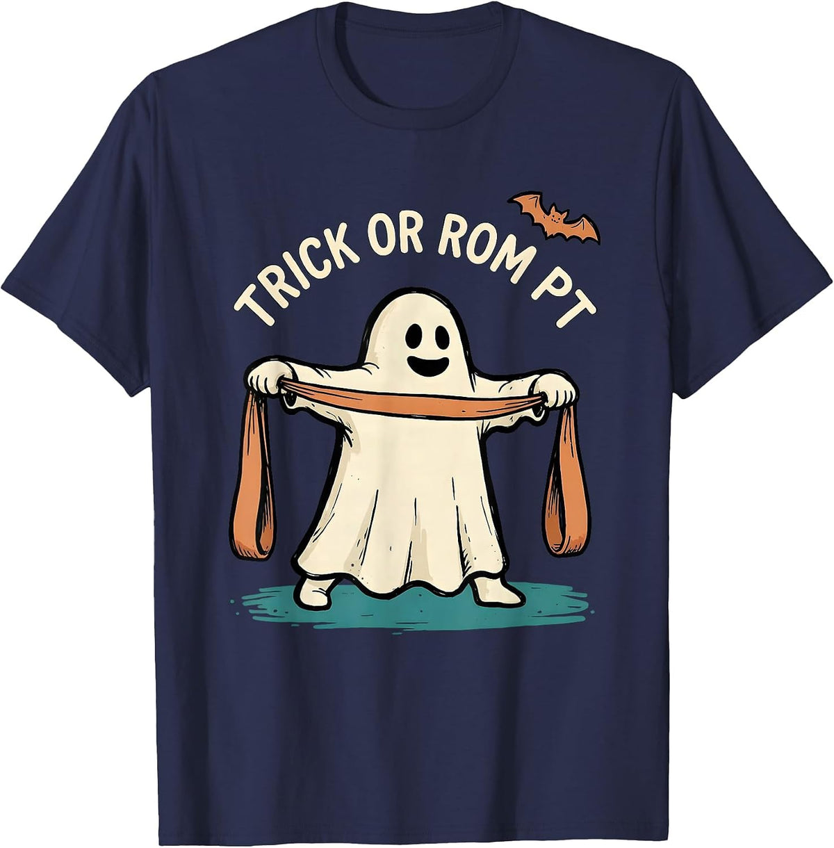 Trick Or ROM PT Funny Physical Therapy Halloween Ghost T-Shirt - Navy Blue