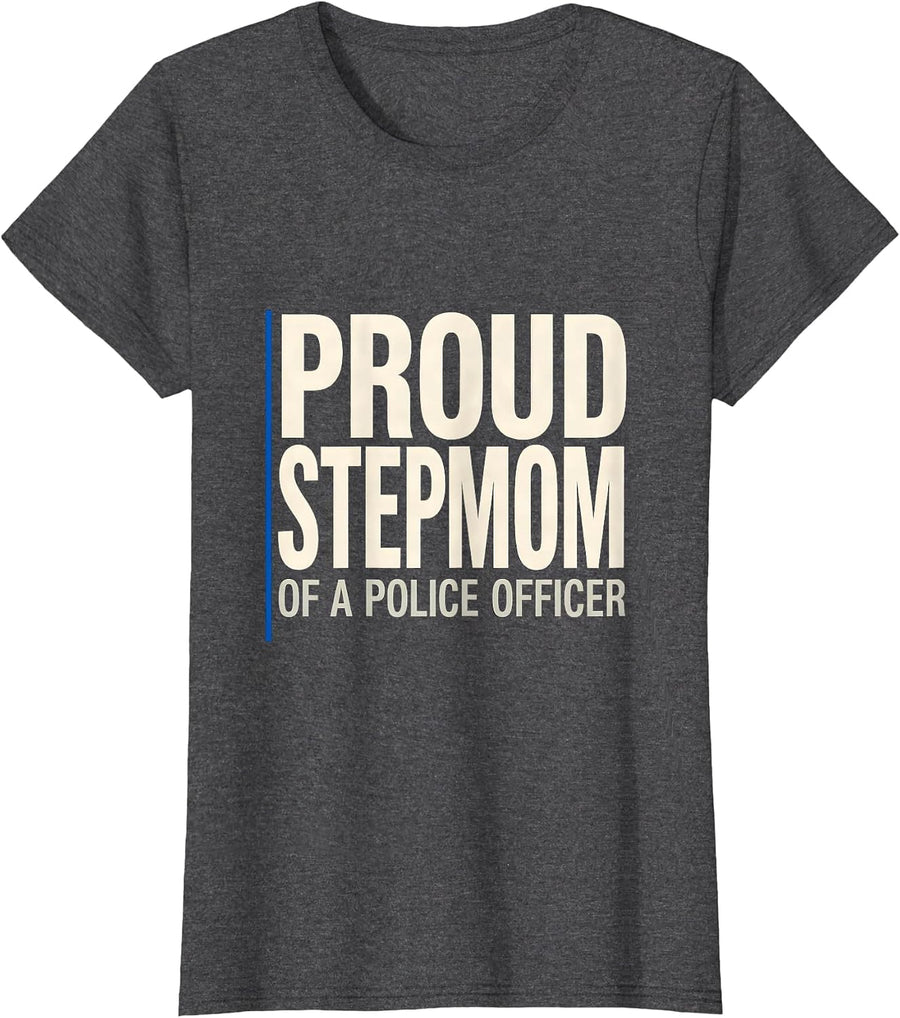 Women's Proud Stepmom Of A Police Officer Patriotic Thin Blue Line T-Shirt - Dark Heather Grey