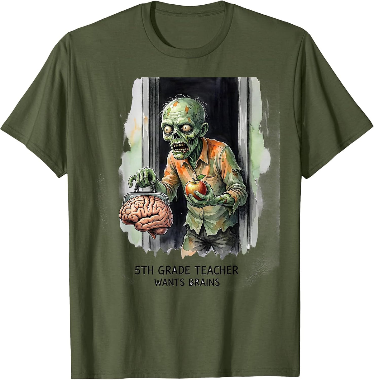 5th Grade Teacher Wants Brains Funny Zombie Halloween T-Shirt - Olive Green