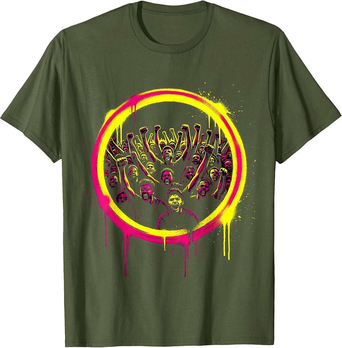 80s Rock Band Screaming Crowd Raised Fists Graphic T-Shirt - Olive Green