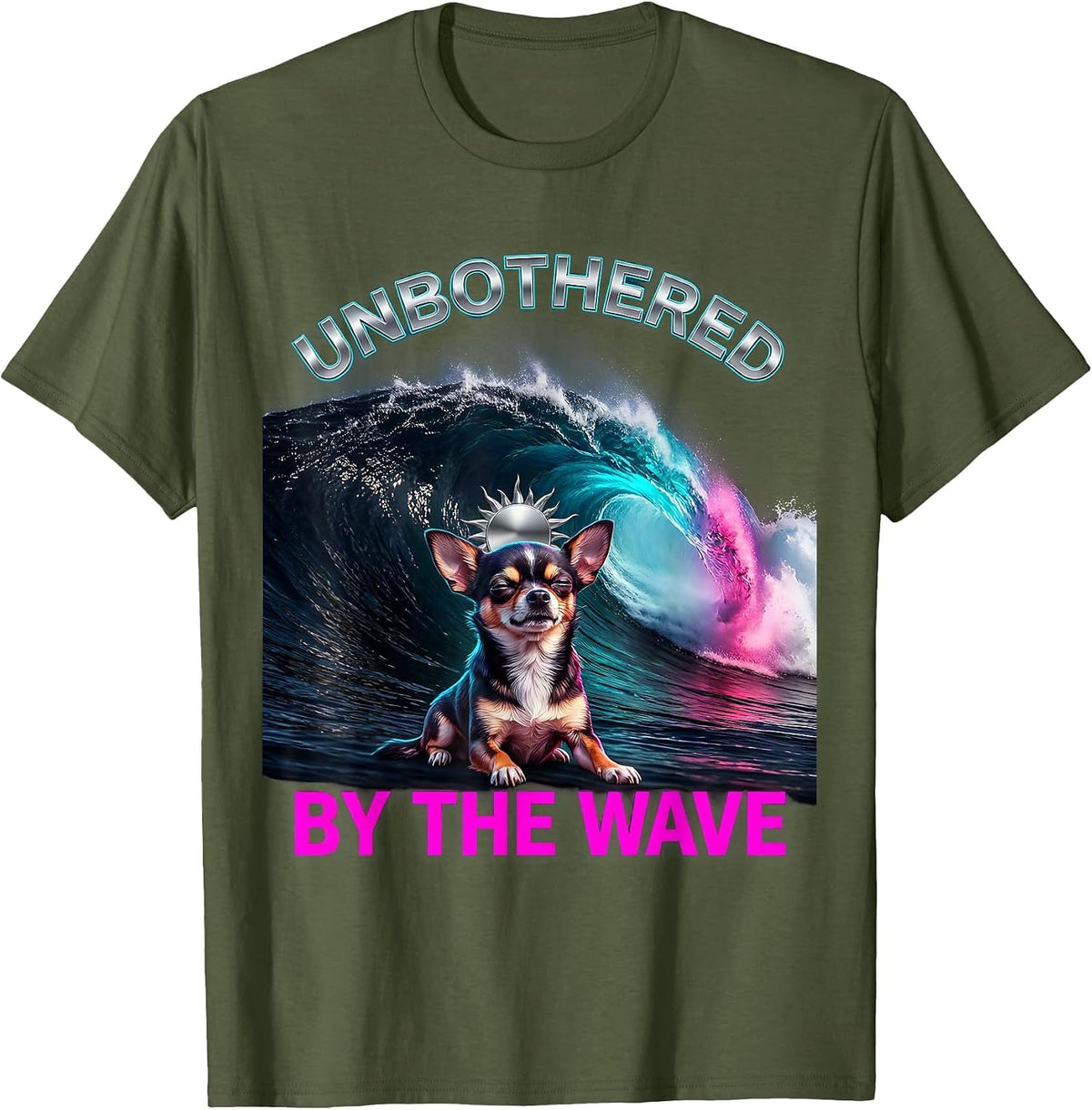 Unbothered By The Wave Vaporwave Y2K Chihuahua Surfing T-Shirt - Olive Green