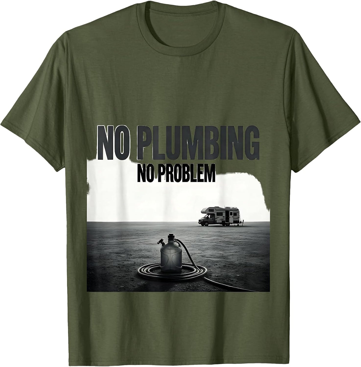 Men's No Plumbing No Problem Monochromatic Van Life Dwellers Road T-Shirt - Olive Green