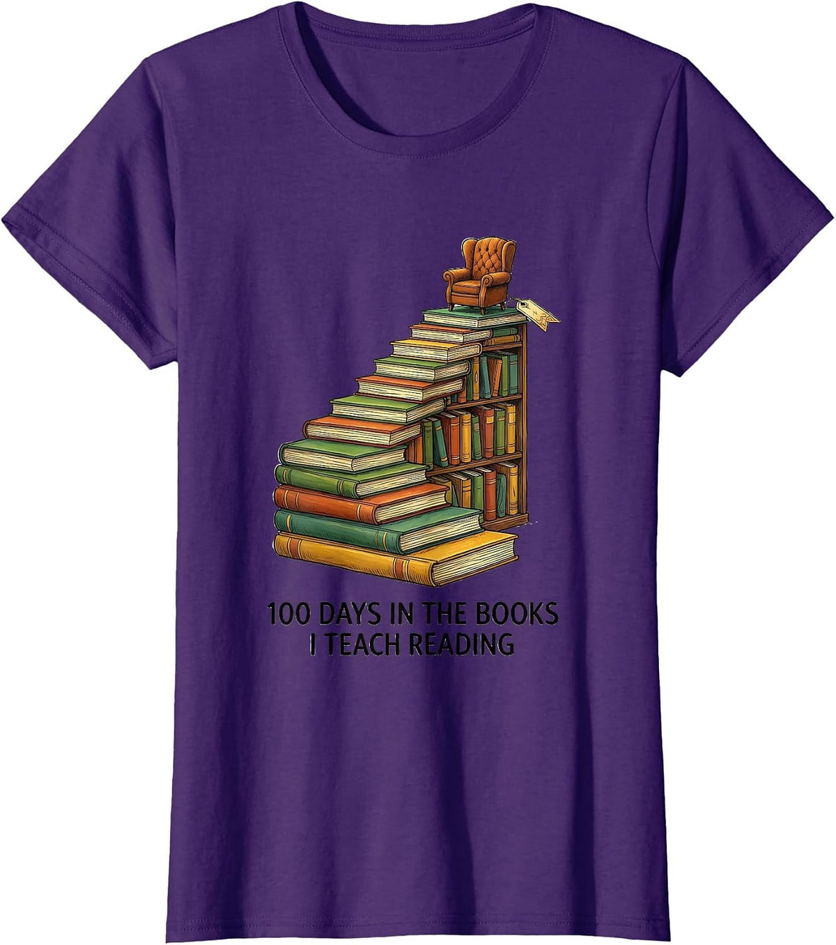Women's 100 Days In The Books I Teach Reading Whimsical Teacher T-Shirt - Purple