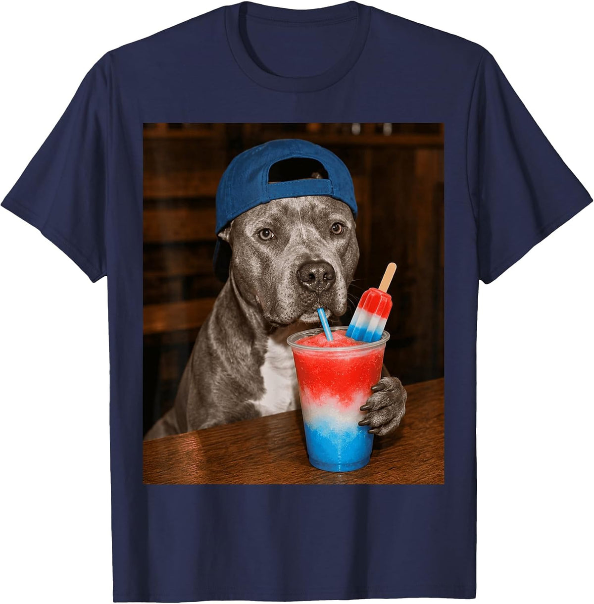 Pitbull Drinking Patriotic Slusie Funny Dog Meme 4th of July T-Shirt - Navy Blue