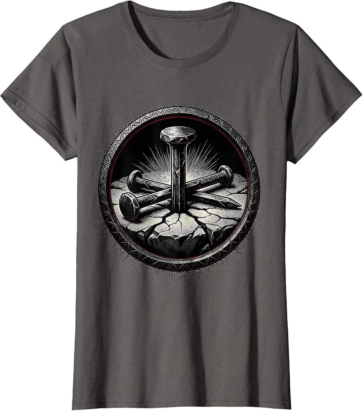 Women's Three Nails Cross Stone Ground Christian Art T-Shirt - Asphalt Grey