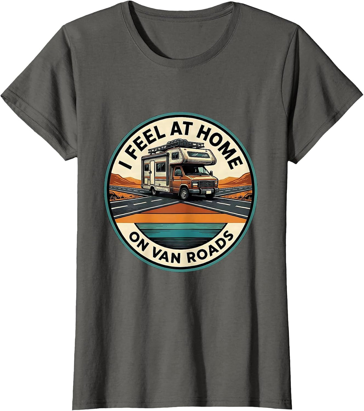 Women's I Feel At Home On Van Roads Retro Van Life Road Trip Badge T-Shirt - Asphalt Grey