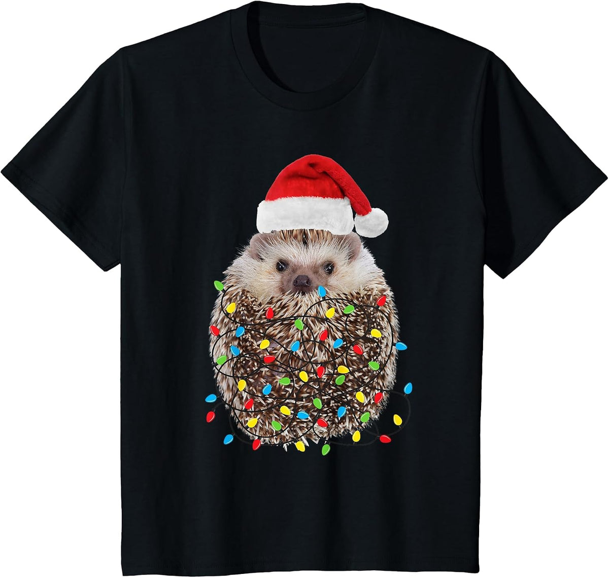 Cute Hedgehog Santa Hat Chritmas Lights T-Shirt - Black