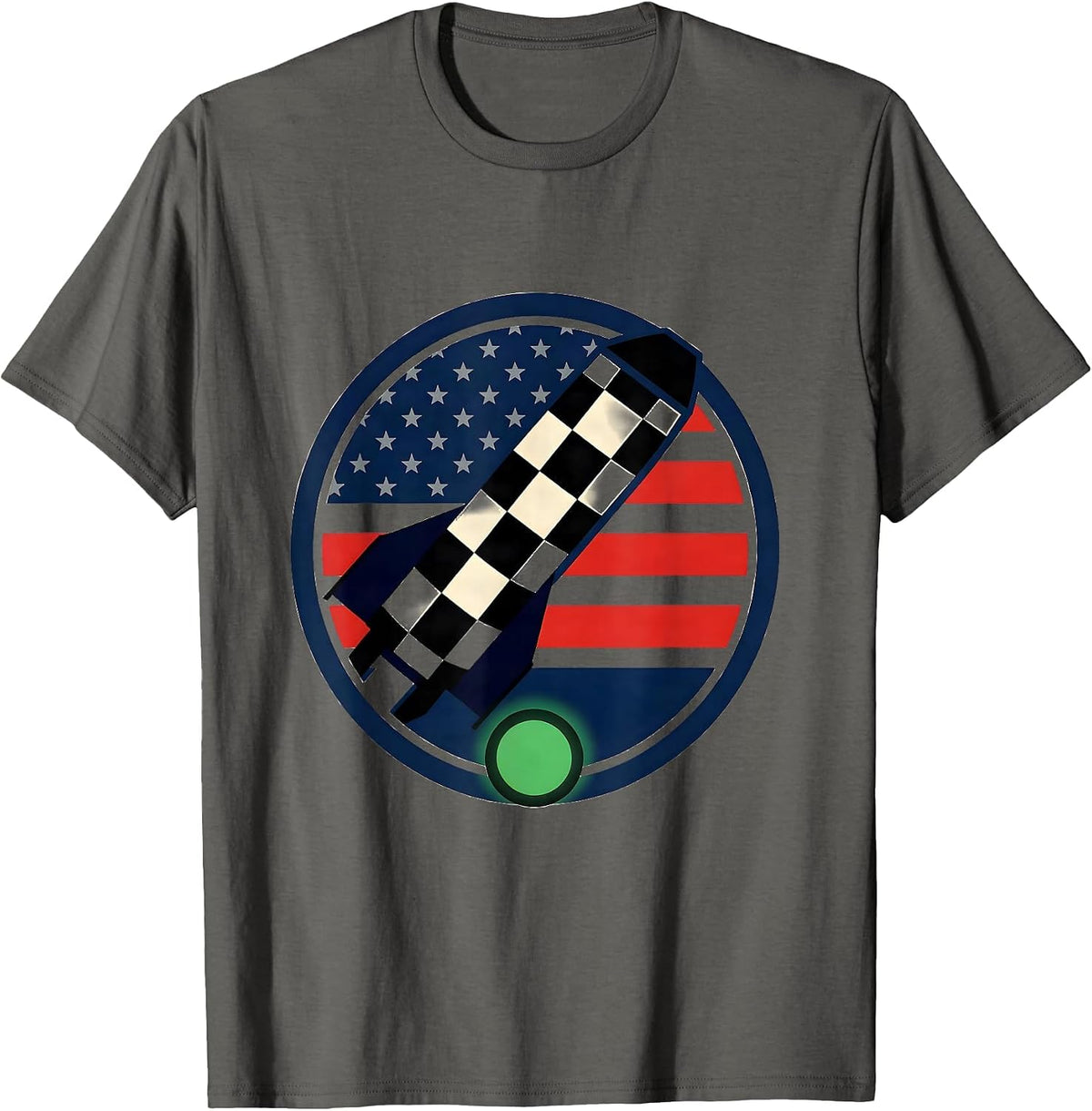 Men's Checkered Flag Racing Badge American Flag Drag Racer T-Shirt - Asphalt Grey