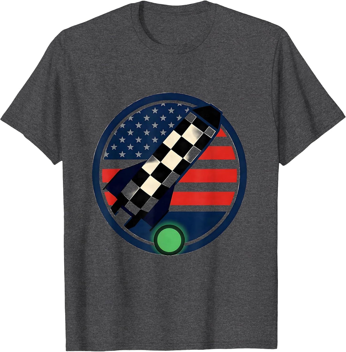 Men's Checkered Flag Racing Badge American Flag Drag Racer T-Shirt - Dark Heather Grey