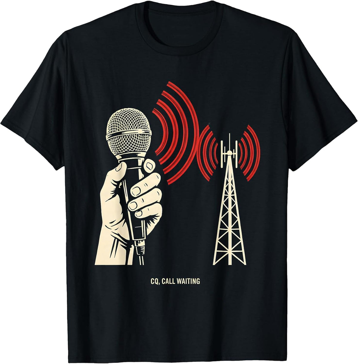 Men's CQ Call Waiting Stencil Graphic Ham Radio Operator Humor T-Shirt - Black