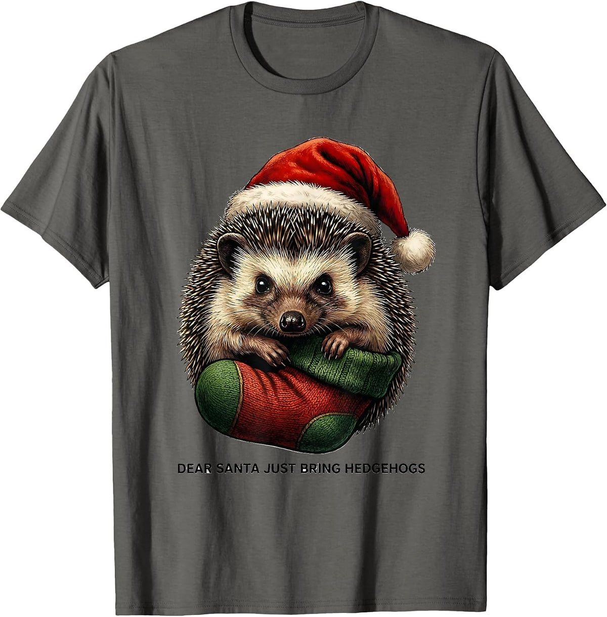 Dear Santa Just Bring Hedgehogs Funny Animal Lover Christmas T-Shirt - Asphalt Grey