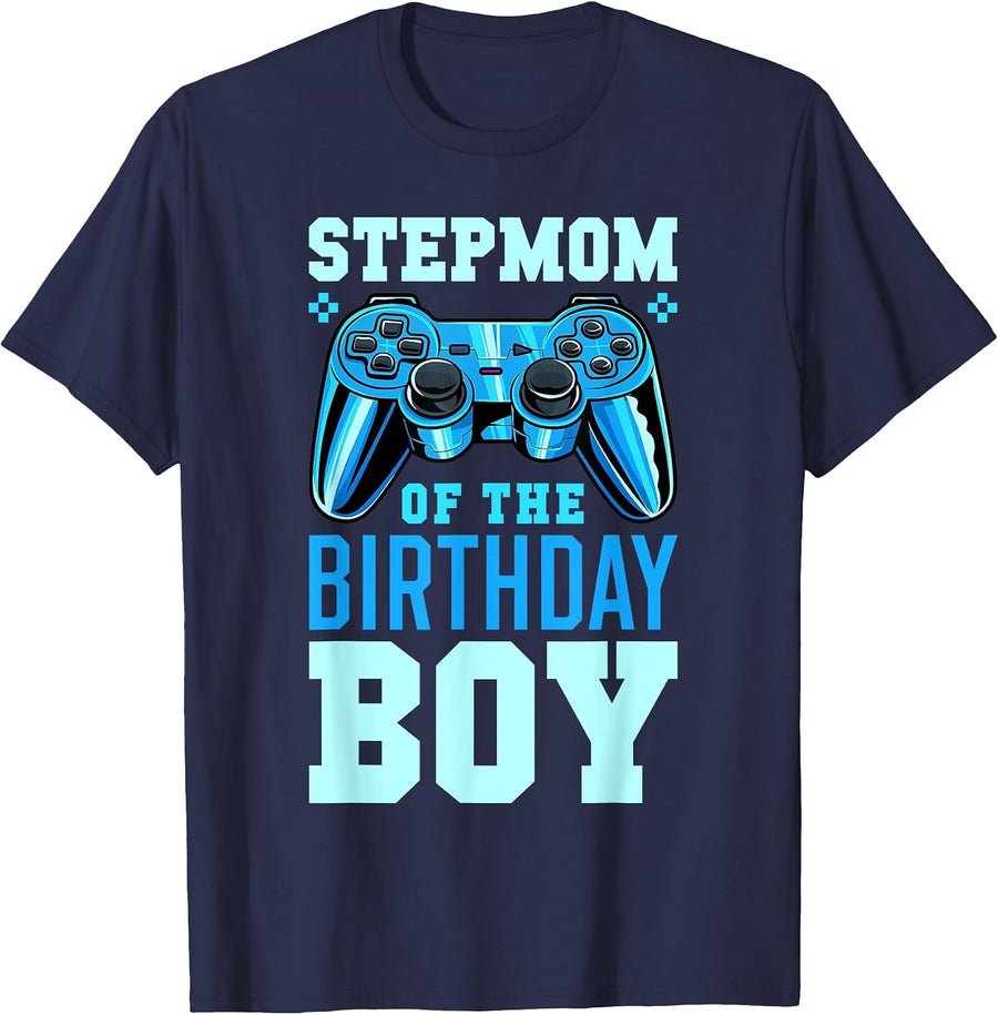 Stepmom of the Birthday Boy Matching Video Gamer Birthday T-Shirt - Navy Blue