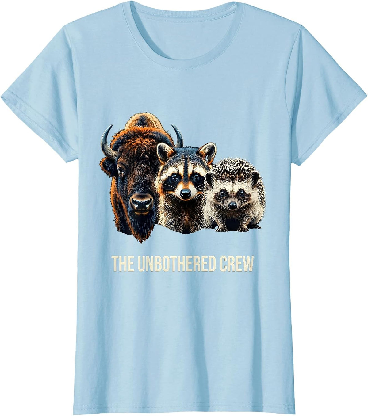 Women's The Unbothered Crew Funny Bison Raccoon Hedgehog Sunglasses T-Shirt - Baby Blue