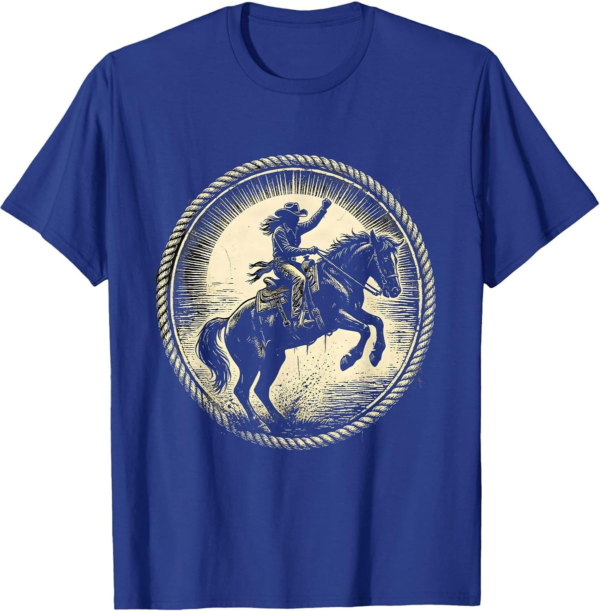 Men's Cowgirl Bucking Bronco Sunset Rodeo Design T-Shirt - Royal Blue