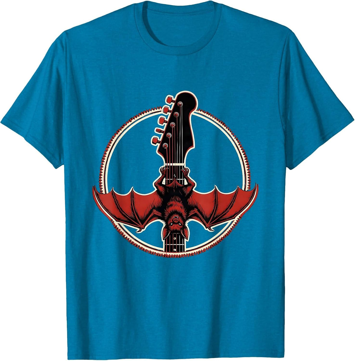 Bat on Guitar Headstock Rock and Roll Design T-Shirt - Sapphire Blue