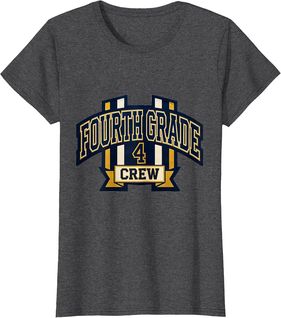 Women's Fourth Grade Crew Retro Teacher Student Back To School T-Shirt - Dark Heather Grey