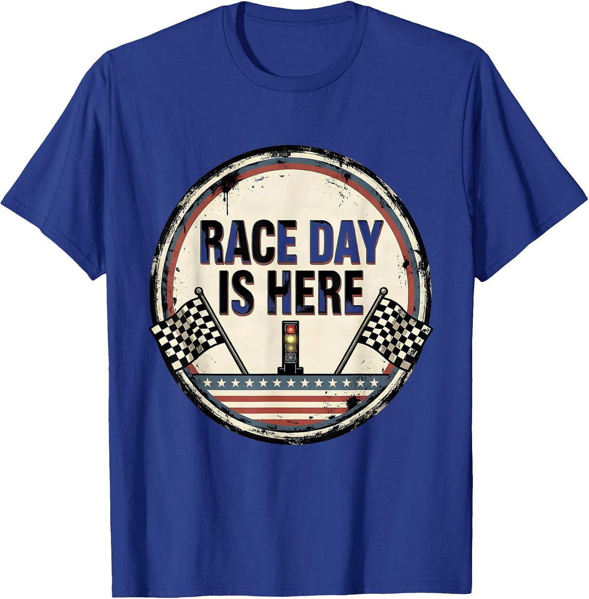 Men's Race Day Is Here Distressed Checkered Flag American Flag T-Shirt - Royal Blue