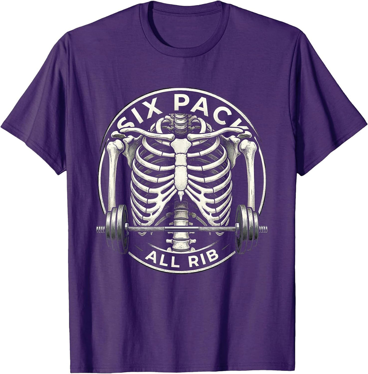 Six Pack, All Rib Funny Skeleton Gym Workout Halloween Humor T-Shirt - Purple