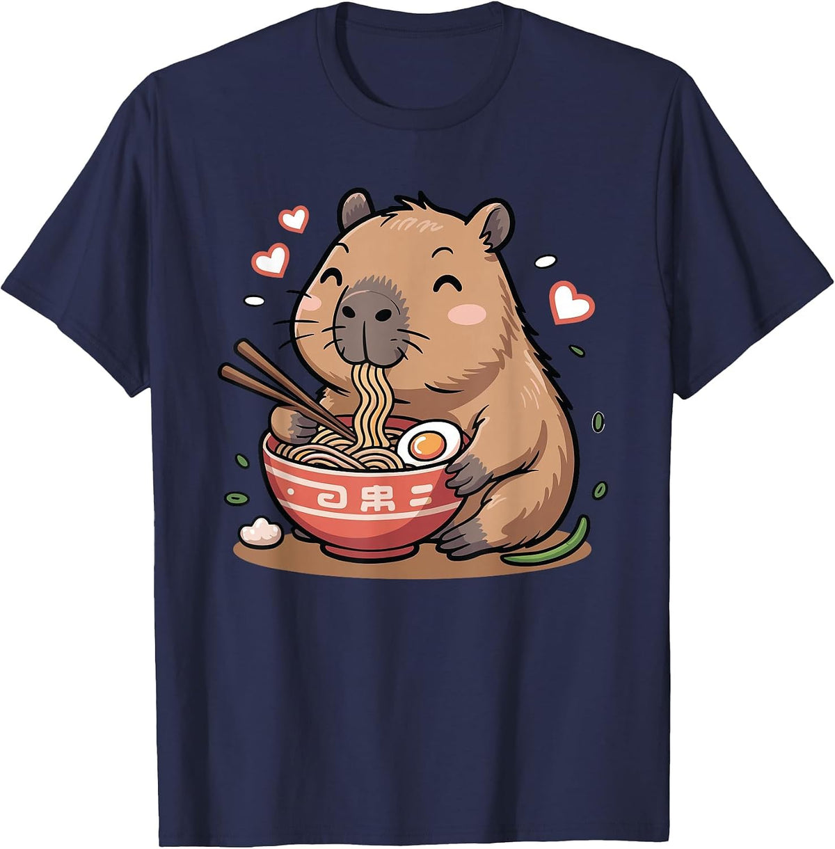Capybara Eating Ramen Noodles Japanese Art Cute Capybara T-Shirt - Navy Blue