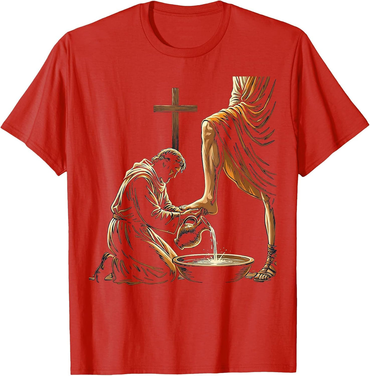Men's Jesus Kneeling Washing Soldier's Feet Graphic T-Shirt - Red