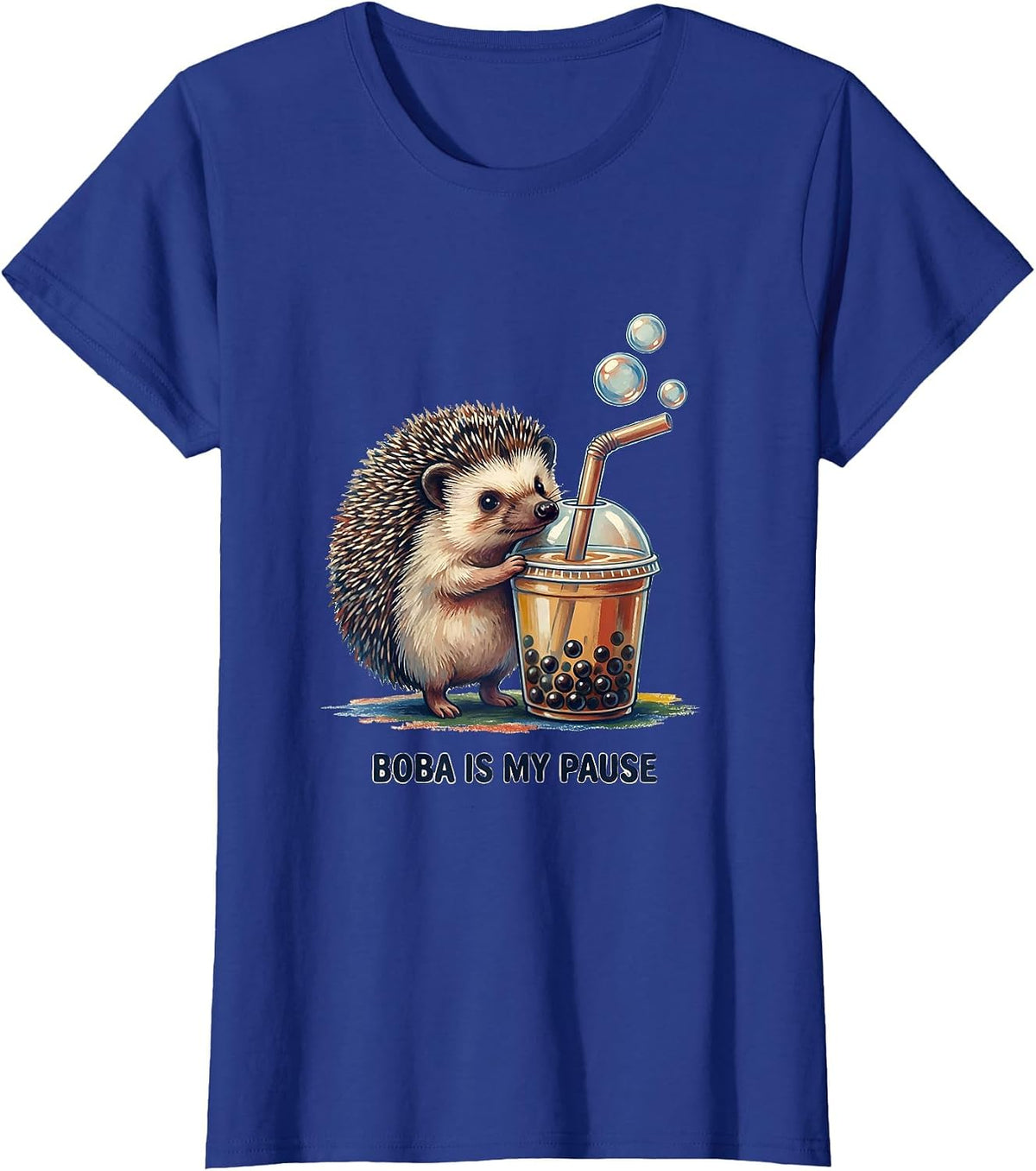 Women's Boba Is My Pause Cute Kawaii Hedgehog Anime Boba Tea Lover T-Shirt - Royal Blue