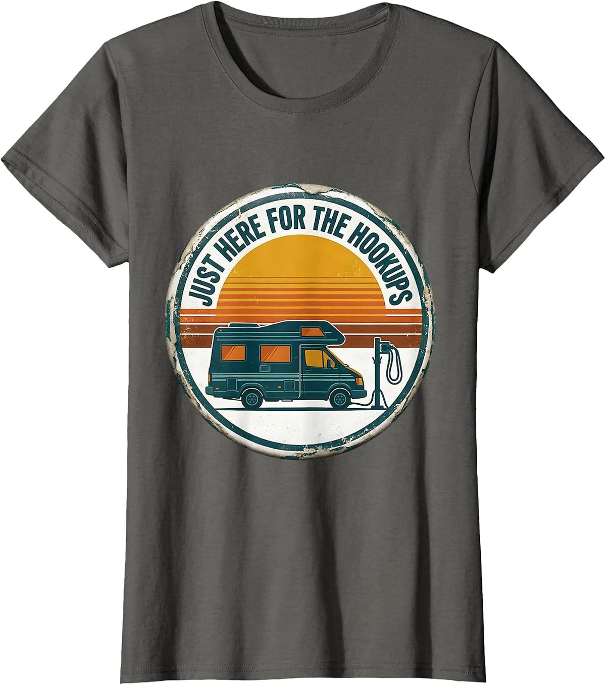 Women's Just Here For The Hookups Retro Van Life Nomad Badge T-Shirt - Asphalt Grey