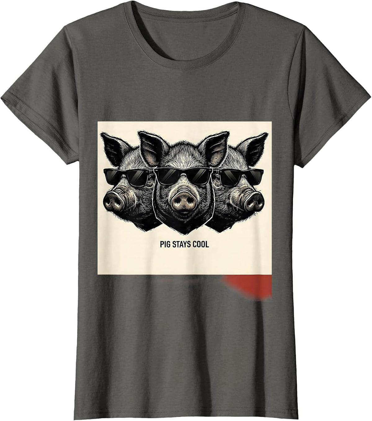 Women's Pig Stays Cool Linocut Funny Pig Lover Animal Humor T-Shirt - Asphalt Grey
