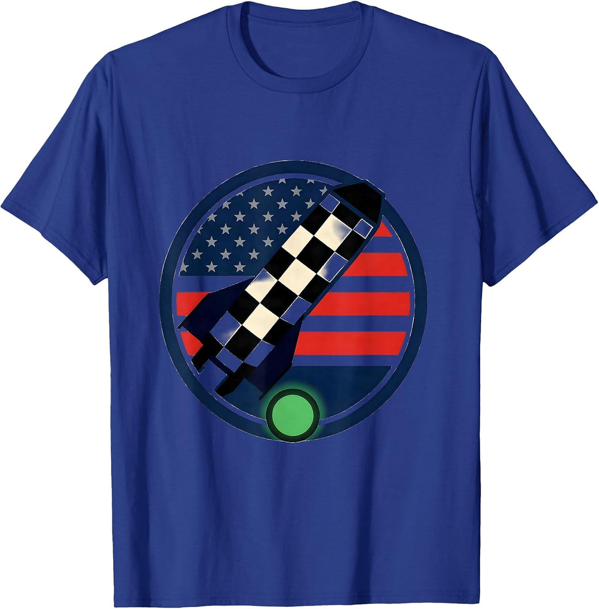 Men's Checkered Flag Racing Badge American Flag Drag Racer T-Shirt - Royal Blue