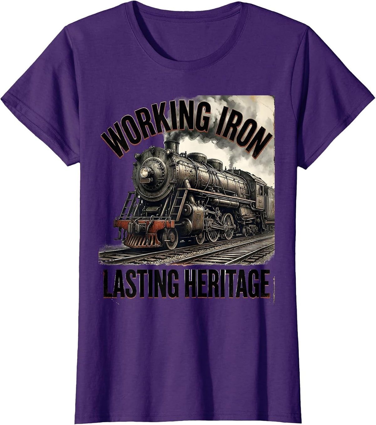 Women's Working Iron Lasting Heritage Distressed Steam Locomotive T-Shirt - Purple