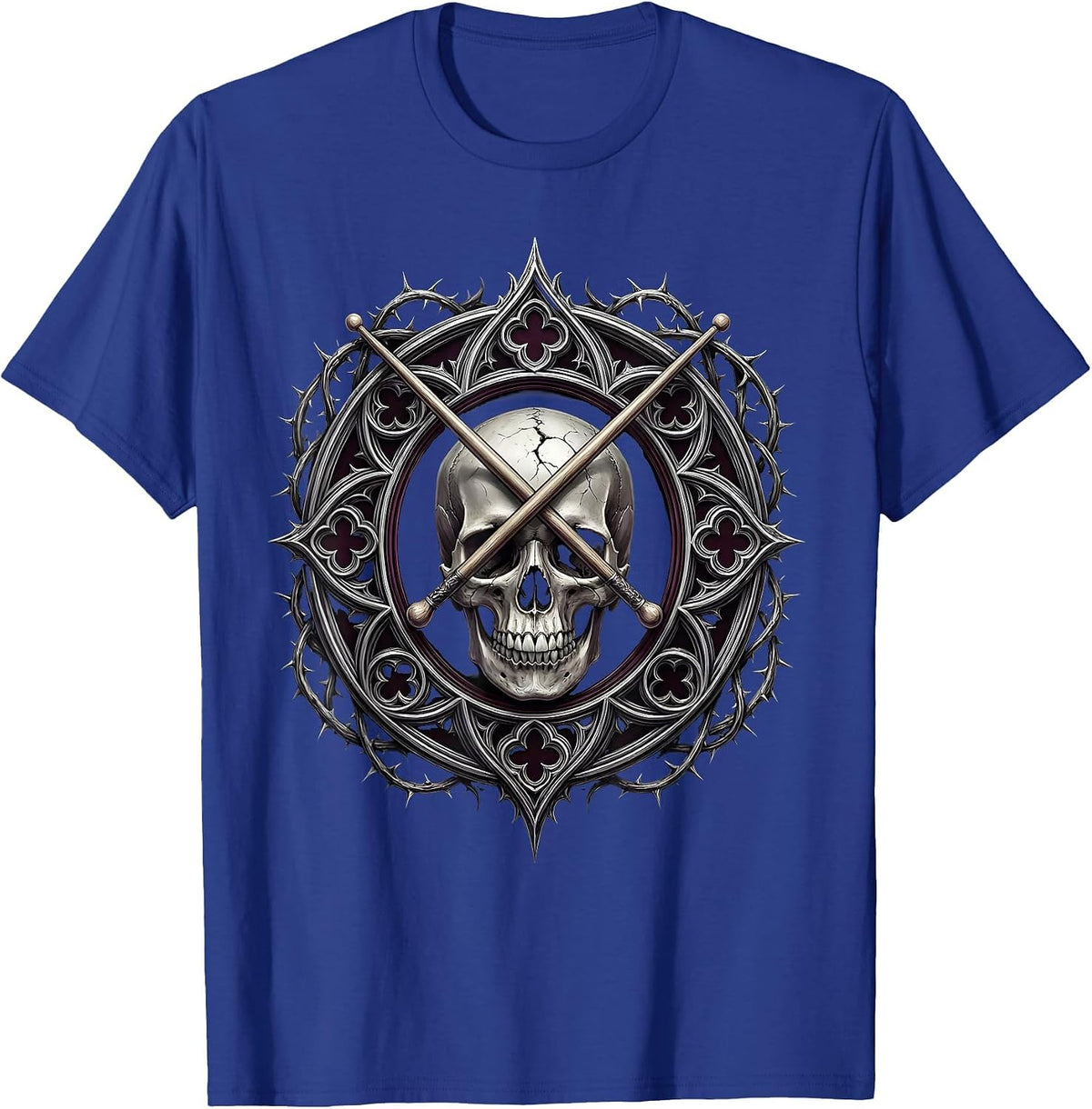 Men's Crossed Drumsticks Cracked Skull Vintage Rock Design T-Shirt - Royal Blue
