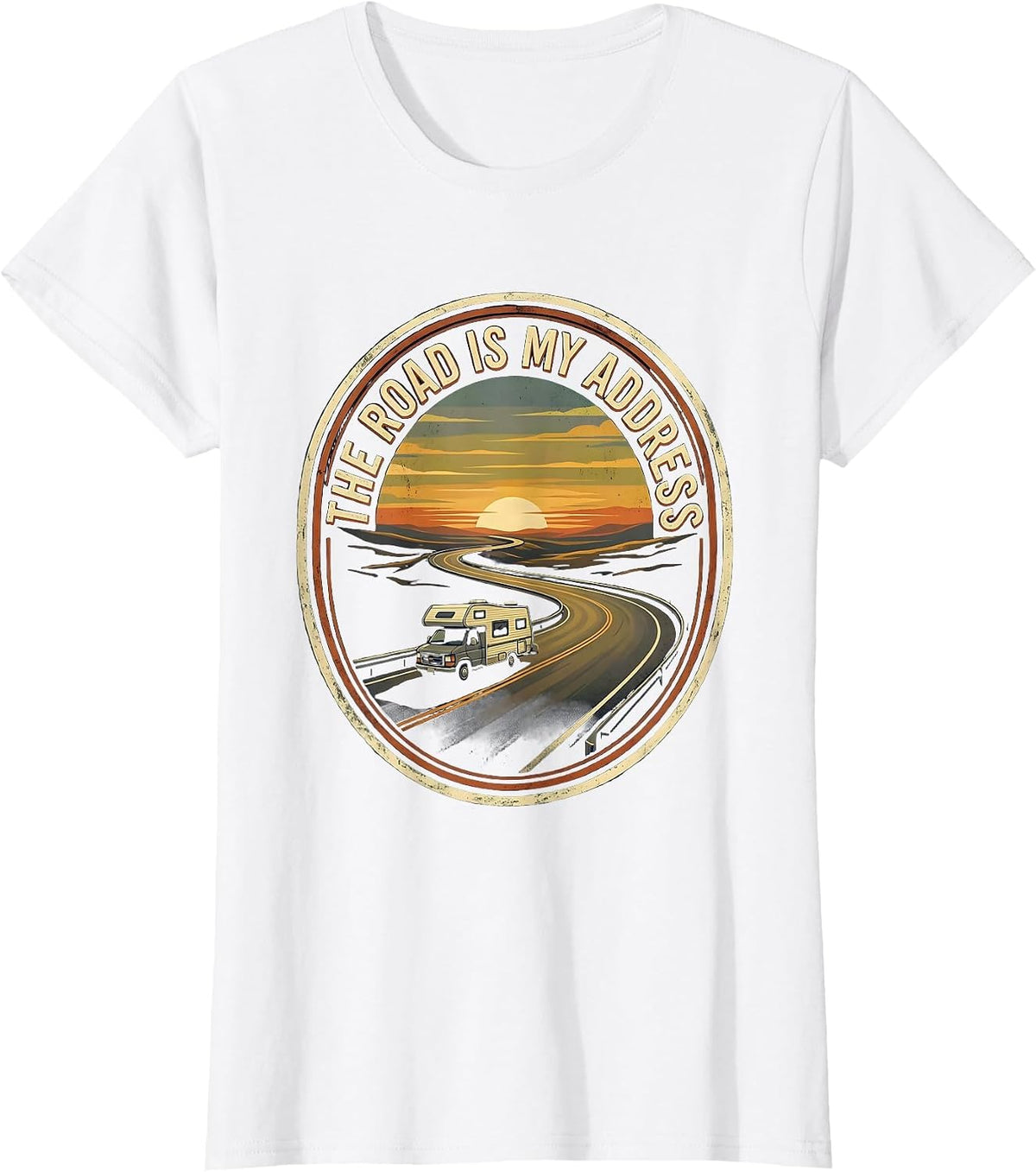 Women's The Road Is My Address Vintage Van Life Retro Road Trip T-Shirt - White