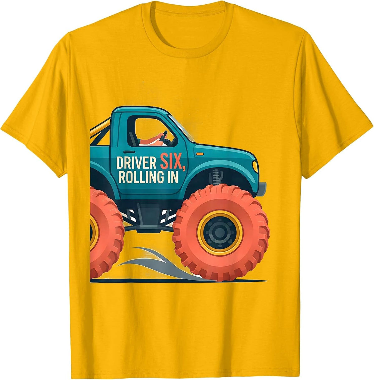 Men's Driver Six Rolling In Flat Vector Monster Truck Boys T-Shirt - Golden Yellow