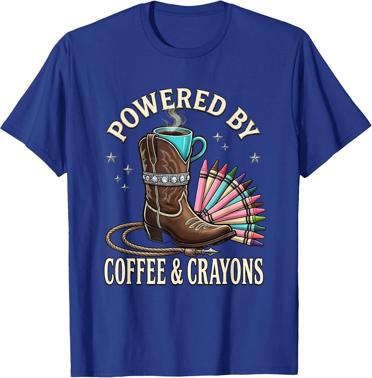 Powered by Coffee and Crayons 4th Grade Teacher T-Shirt - Royal Blue
