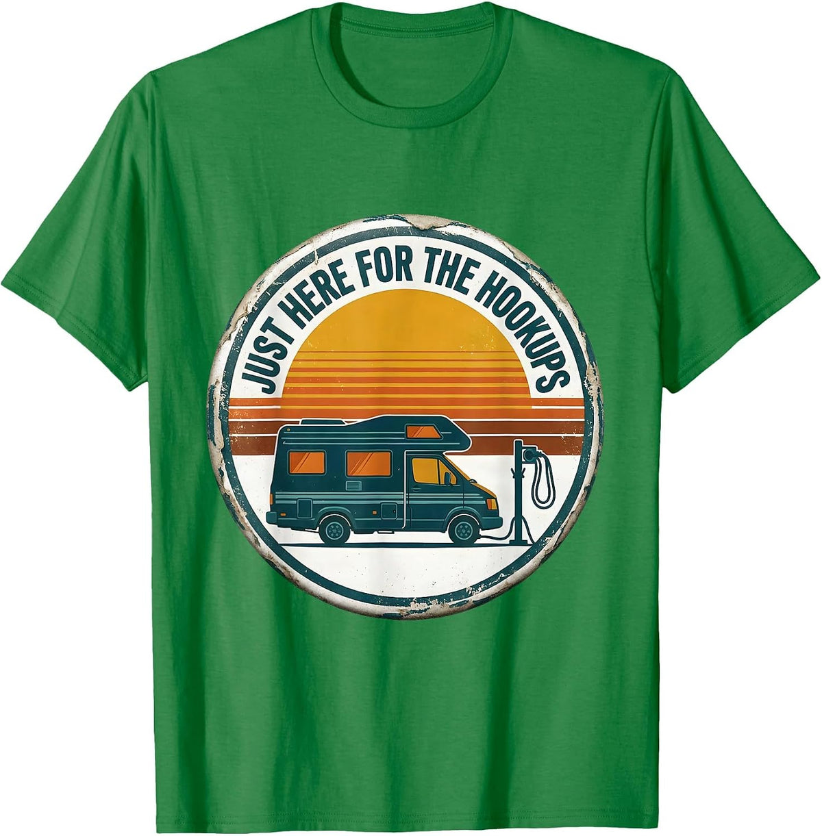 Men's Just Here For The Hookups Retro Van Life Nomad Badge T-Shirt - Kelly Green
