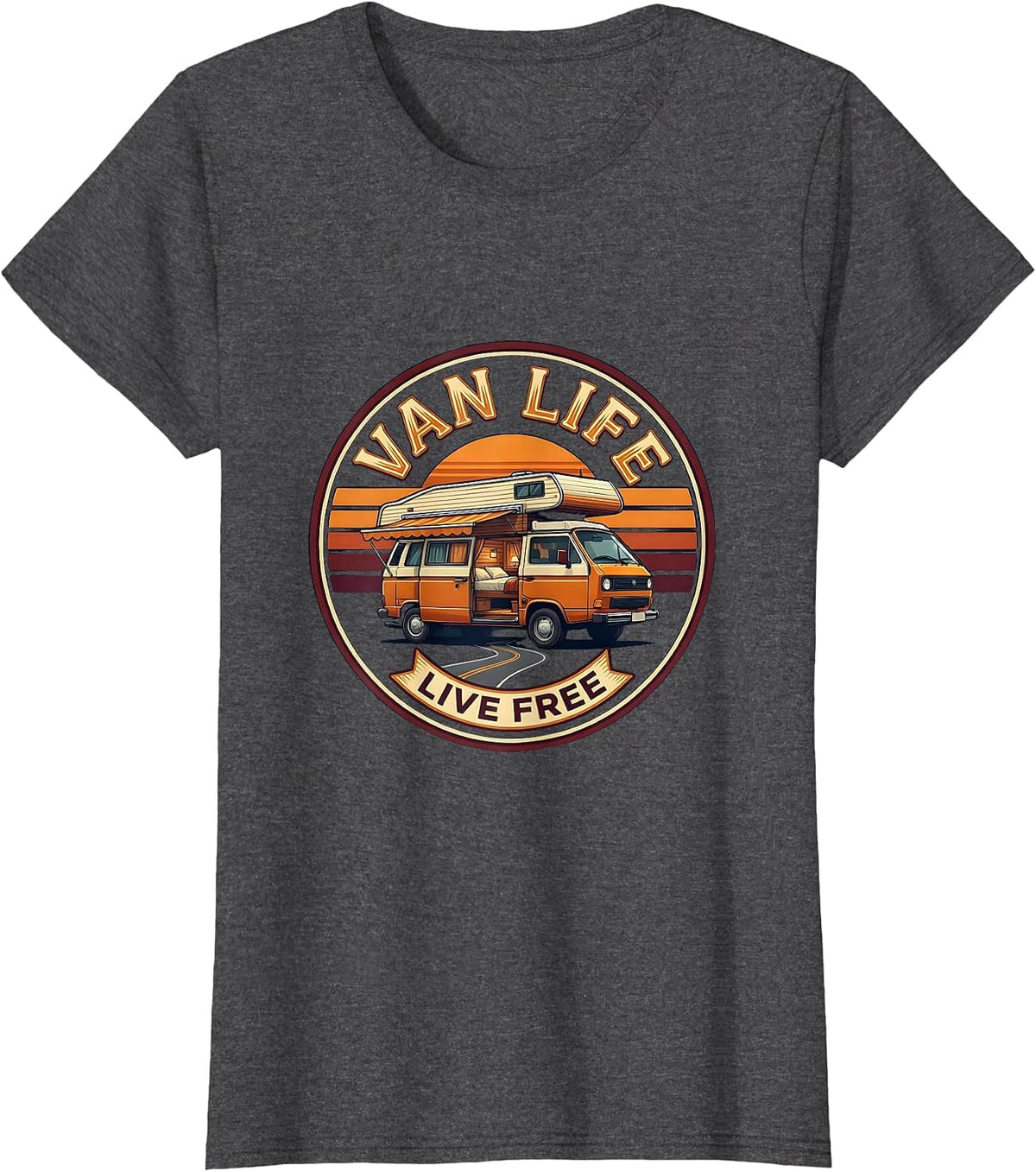 Women's Van Life Live Free Retro Van Dwellers Nomads Casual Wear T-Shirt - Dark Heather Grey