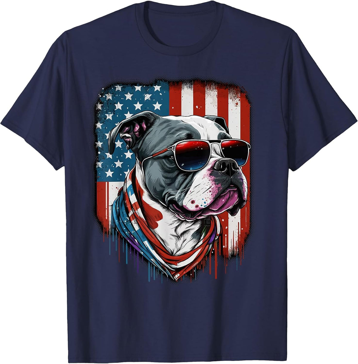 Pitbull Dog American Flag Sunglasses - Red/White/Blue T-Shirt - Navy Blue