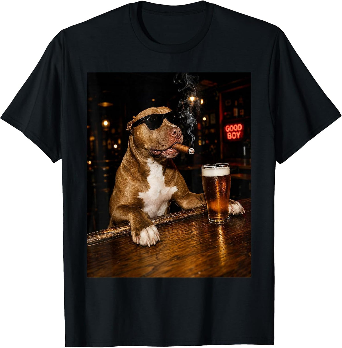 Silly Pitbull Drinking Beer Graphic Good Boy Dog Lovers T-Shirt - Black