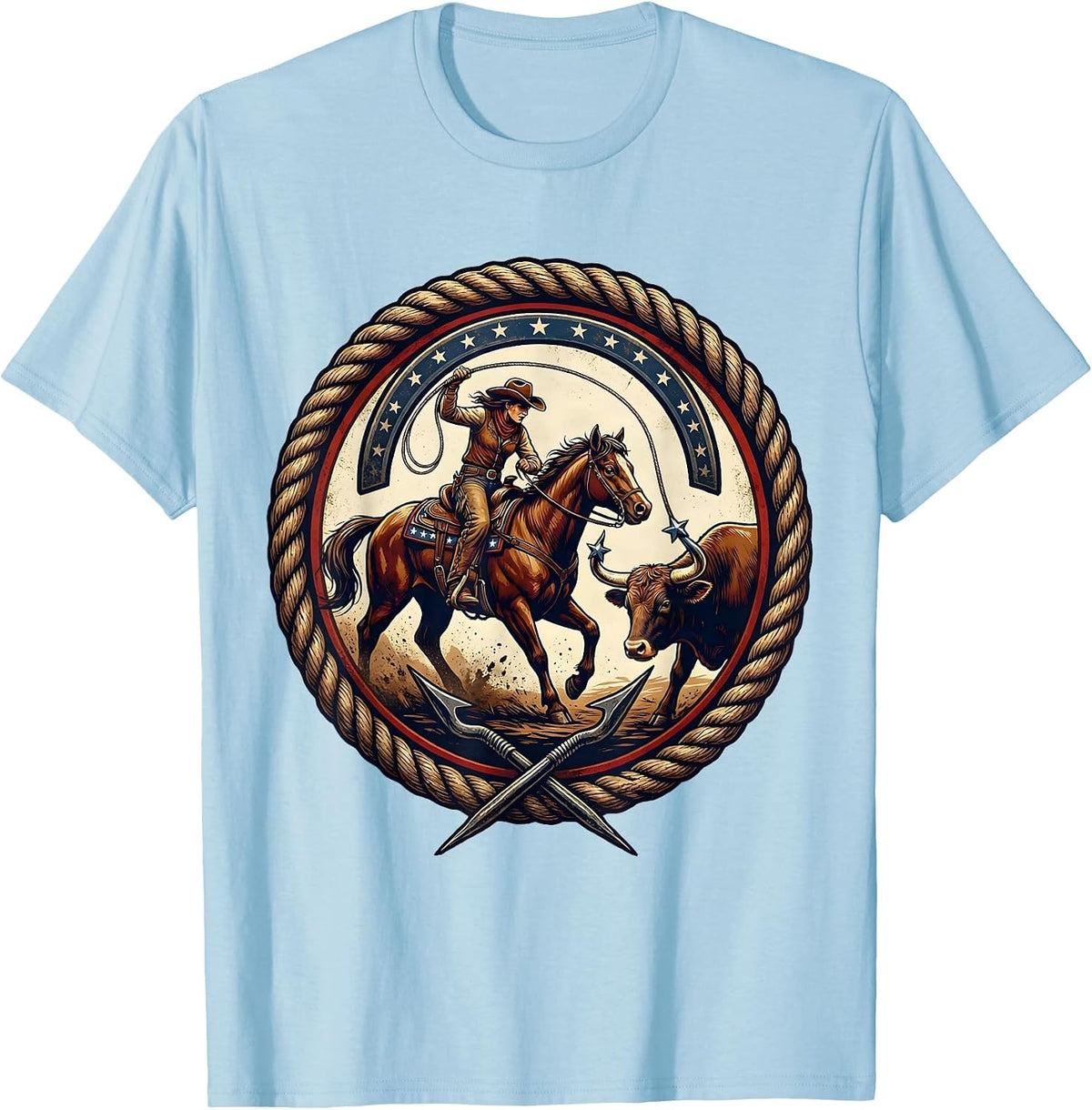 Men's Cowgirl Roping Steer Rodeo Graphic Design T-Shirt - Baby Blue
