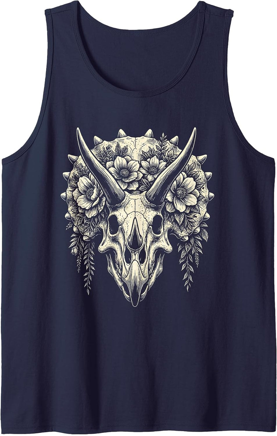 Triceratops Skull Floral Crown Dinosaur Art Tank Top - Navy Blue