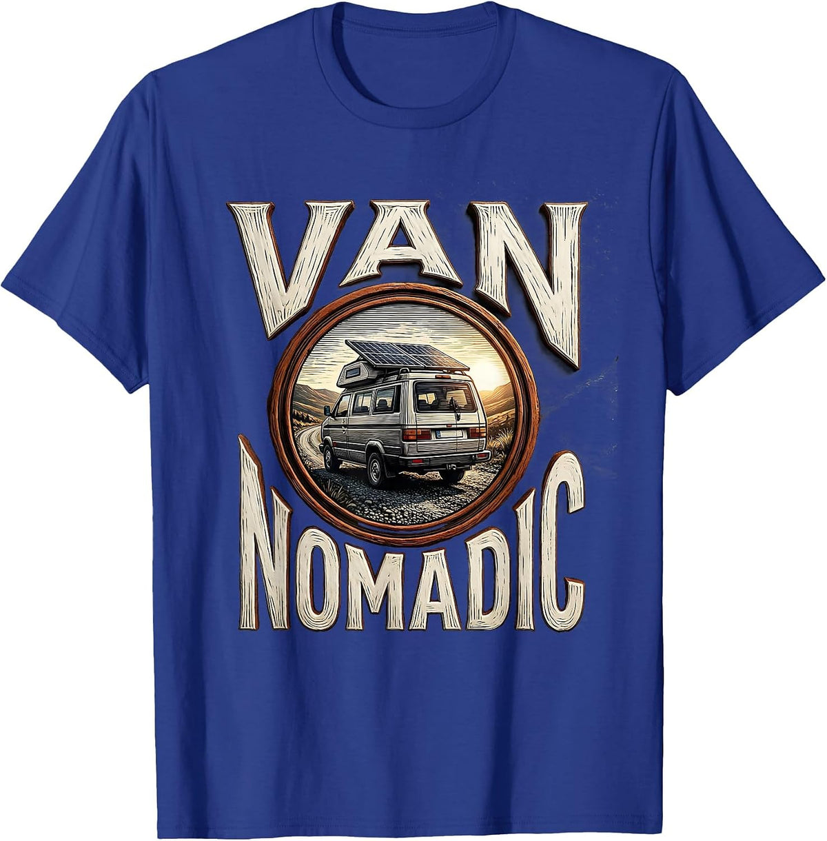 Van Nomadic Woodcut Engraving Campervan Van Life Enthusiast T-Shirt - Royal Blue