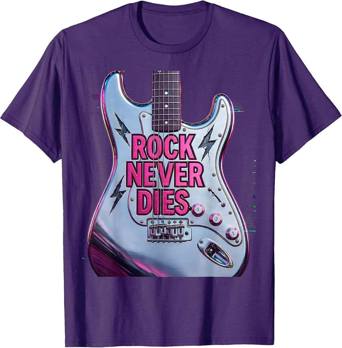 Rock Never Dies Bold Music Graphic Design T-Shirt - Purple