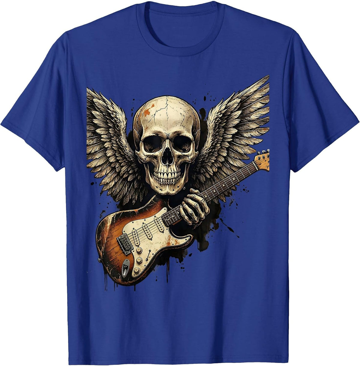 Winged Skull Flying V Guitar Rock and Roll Graphic T-Shirt - Royal Blue