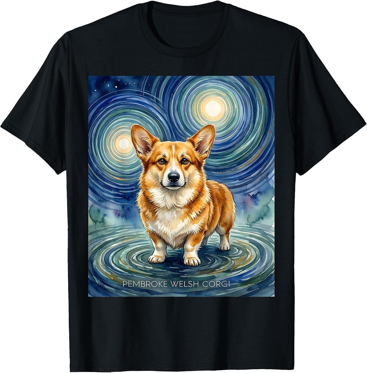 Men's Pembroke Welsh Corgi Watercolor Van Gogh Starry Night Dog T-Shirt - Black