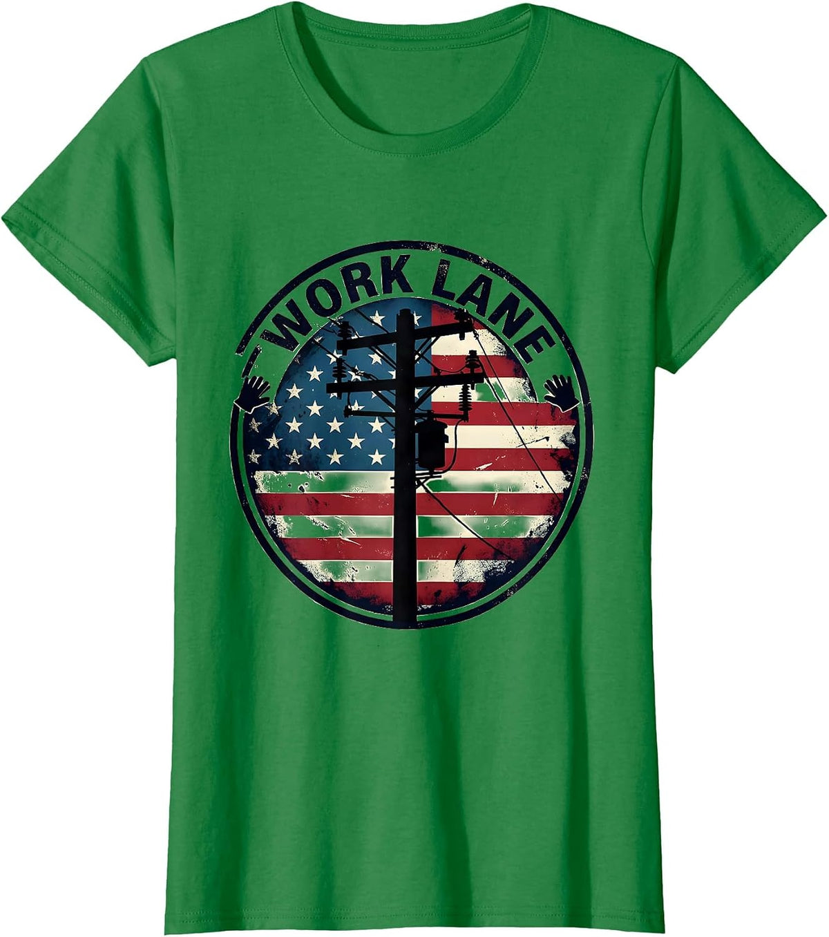 WORK LANE Distressed Lineman Pole American Flag Silhouette T-Shirt - Kelly Green
